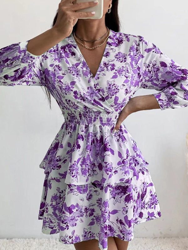 Dress- Floral Elegance Long Sleeve V Neck Pleated Tiered Mini Dress | Confident Chic Dress- Purple- Pekosa Women Clothing