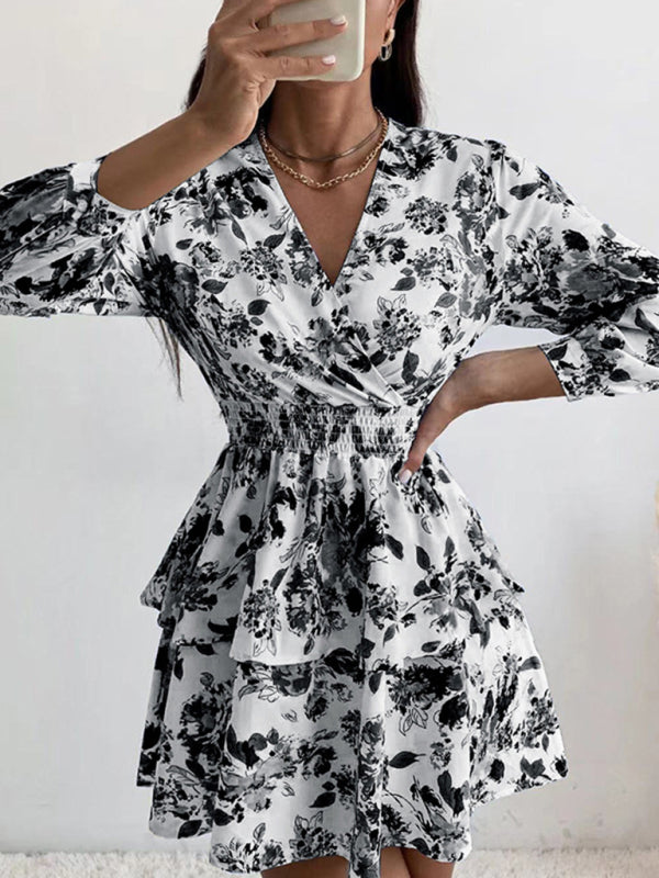 Dress- Floral Elegance Long Sleeve V Neck Pleated Tiered Mini Dress | Confident Chic Dress- Black- Pekosa Women Clothing