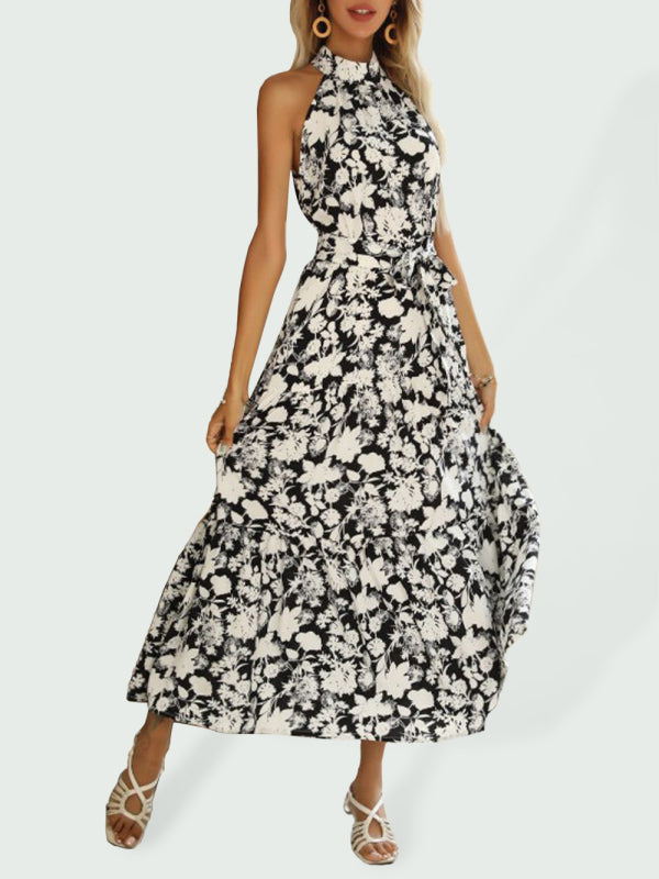 Dress- Floral Fantasy: Maxi Dress for Any Occasion- Black- Pekosa Women Clothing