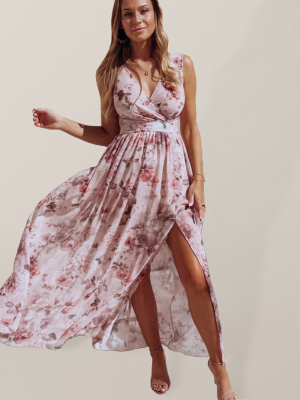 Dress- Floral Finesse Suirplice Neck Maxi Dress- Pink- Pekosa Women Clothing