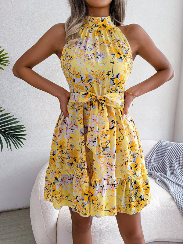 Dress- Floral High Halter Neck Mini Dress for Women- Yellow- Pekosa Women Clothing