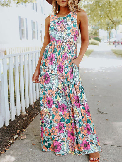 Dress- Floral Maxi Dress: Casual Style, High Waist, A-line Silhouette, Pockets- Pink- Pekosa Women Clothing