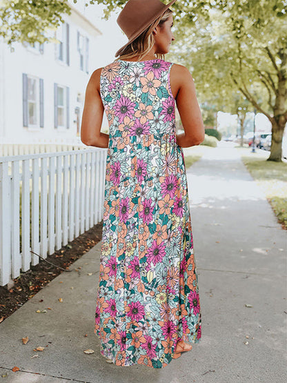 Dress- Floral Maxi Dress: Casual Style, High Waist, A-line Silhouette, Pockets- - Pekosa Women Clothing