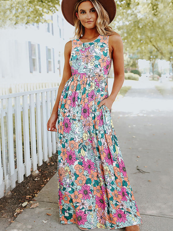 Dress- Floral Maxi Dress: Casual Style, High Waist, A-line Silhouette, Pockets- - Pekosa Women Clothing