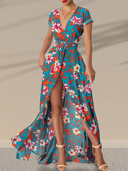 Dress- Floral Maxi Knot Waist Surplice Robe Dress- Blue- Pekosa Women Clothing