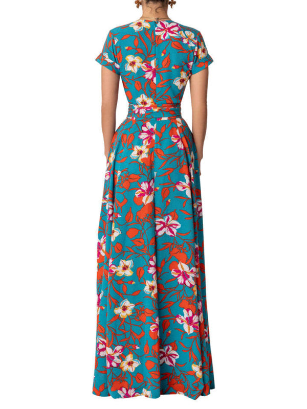 Dress- Floral Maxi Knot Waist Surplice Robe Dress- - Pekosa Women Clothing