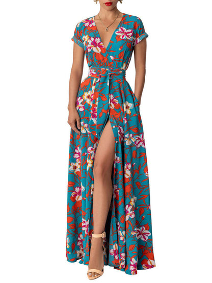 Dress- Floral Maxi Knot Waist Surplice Robe Dress- - Pekosa Women Clothing