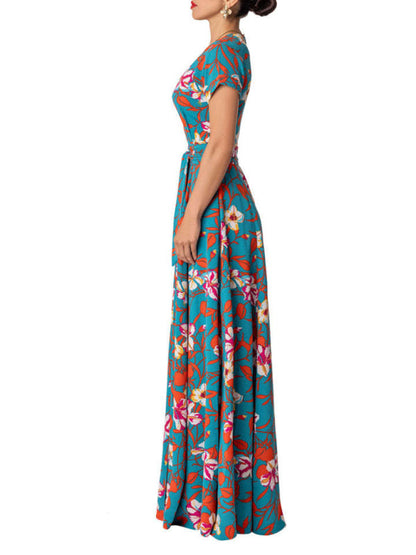 Dress- Floral Maxi Knot Waist Surplice Robe Dress- - Pekosa Women Clothing