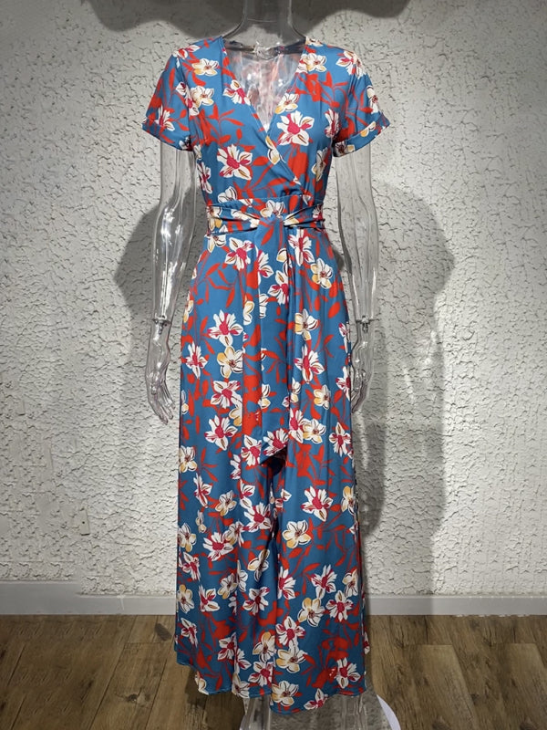 Dress- Floral Maxi Knot Waist Surplice Robe Dress- - Pekosa Women Clothing