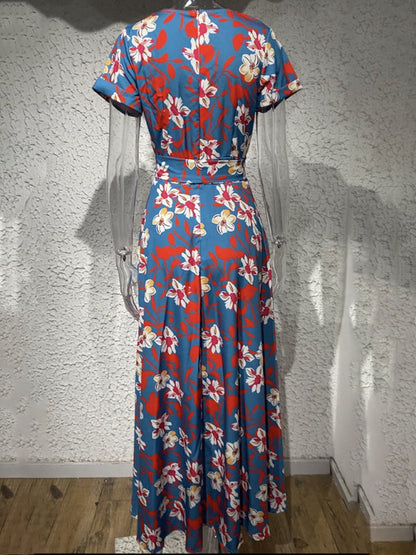 Dress- Floral Maxi Knot Waist Surplice Robe Dress- - Pekosa Women Clothing