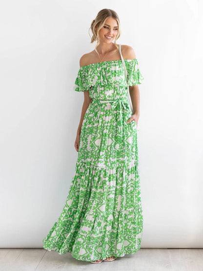 Dress- Floral Off-Shoulder Maxi Dress with Tiered Pleats- - Pekosa Women Clothing