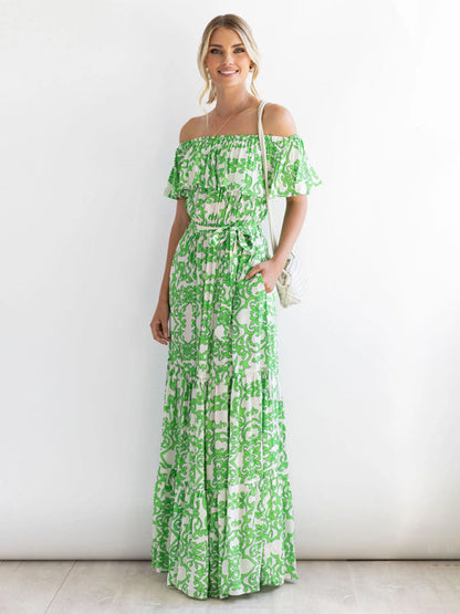 Dress- Floral Off-Shoulder Maxi Dress with Tiered Pleats- - Pekosa Women Clothing