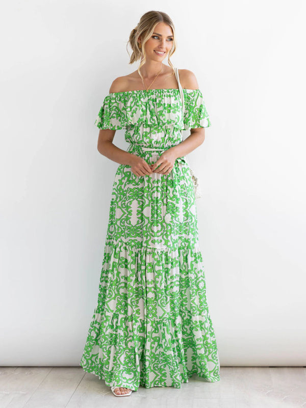 Dress- Floral Off-Shoulder Maxi Dress with Tiered Pleats- Green- Pekosa Women Clothing