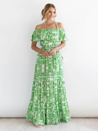 Dress- Floral Off-Shoulder Maxi Dress with Tiered Pleats- Green- Pekosa Women Clothing