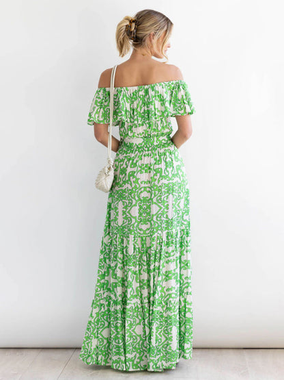 Dress- Floral Off-Shoulder Maxi Dress with Tiered Pleats- - Pekosa Women Clothing