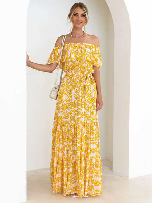 Dress- Floral Off-Shoulder Maxi Dress with Tiered Pleats- Yellow- Pekosa Women Clothing