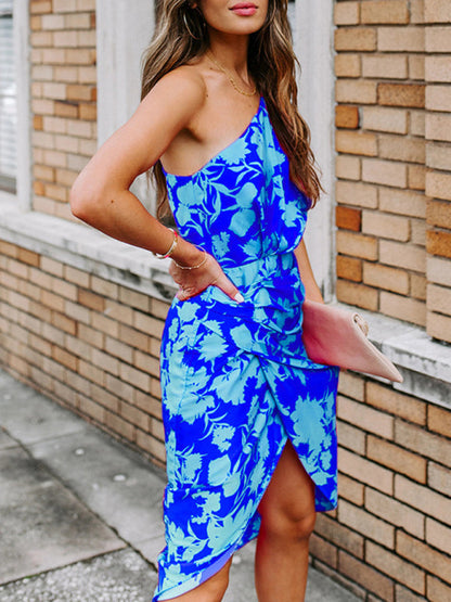 Dress- Floral One Shoulder Wrap Bodycon Dress- Blue- Pekosa Women Clothing