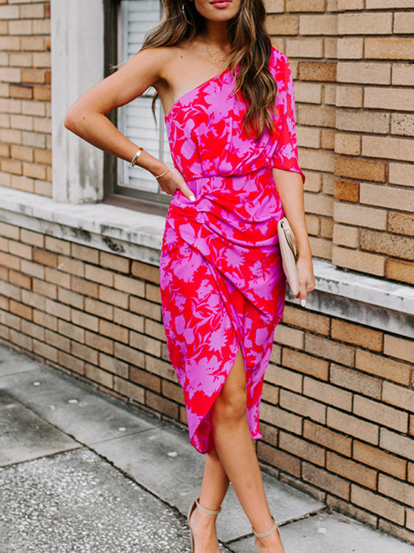 Dress- Floral One Shoulder Wrap Bodycon Dress- Rose- Pekosa Women Clothing