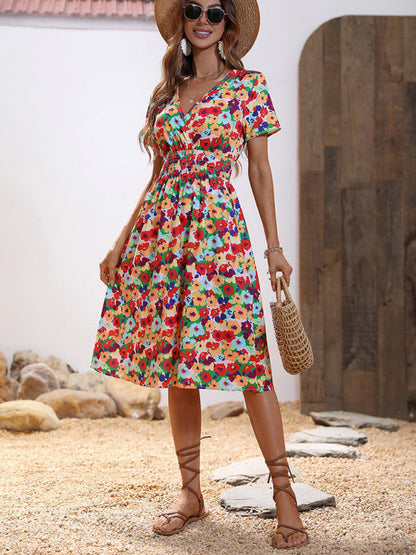 Dress- Floral Print Summer Surplice V-Neck Dress with Smocked Waist- - Pekosa Women Clothing