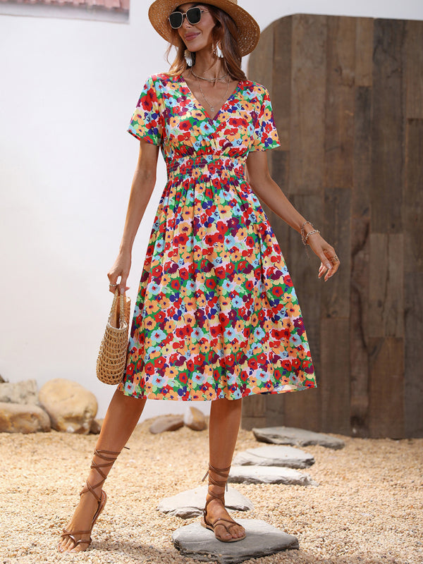 Dress- Floral Print Summer Surplice V-Neck Dress with Smocked Waist- - Pekosa Women Clothing