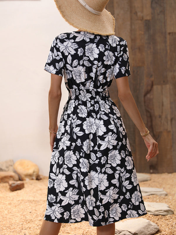 Dress- Floral Print Summer Surplice V-Neck Dress with Smocked Waist- - Pekosa Women Clothing