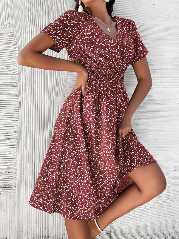 Dress- Floral Print Summer Surplice V-Neck Dress with Smocked Waist- - Pekosa Women Clothing