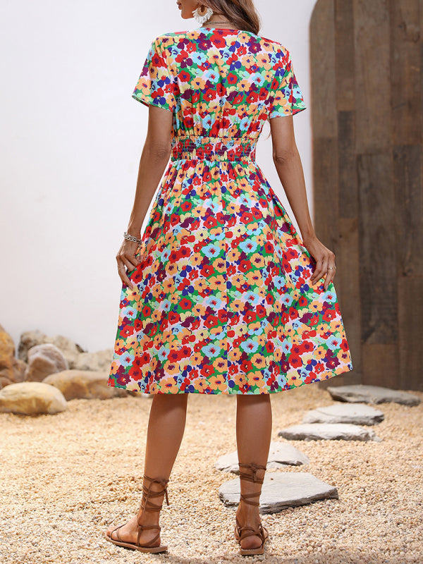 Dress- Floral Print Summer Surplice V-Neck Dress with Smocked Waist- - Pekosa Women Clothing