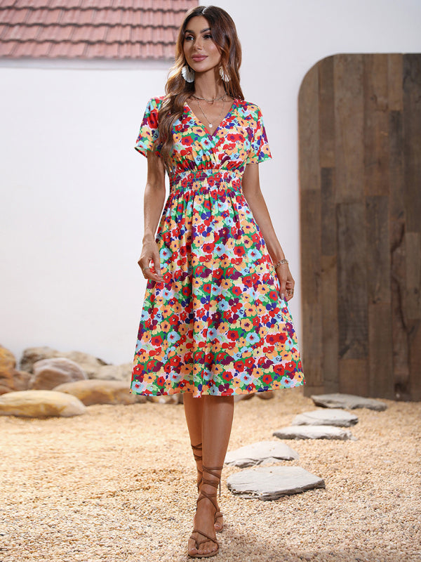 Dress- Floral Print Summer Surplice V-Neck Dress with Smocked Waist- - Pekosa Women Clothing