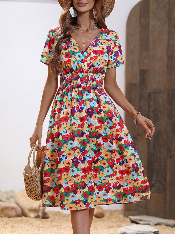 Dress- Floral Print Summer Surplice V-Neck Dress with Smocked Waist- - Pekosa Women Clothing