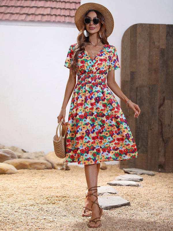 Dress- Floral Print Summer Surplice V-Neck Dress with Smocked Waist- - Pekosa Women Clothing