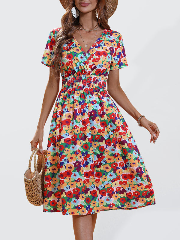 Dress- Floral Print Summer Surplice V-Neck Dress with Smocked Waist- Green- Pekosa Women Clothing