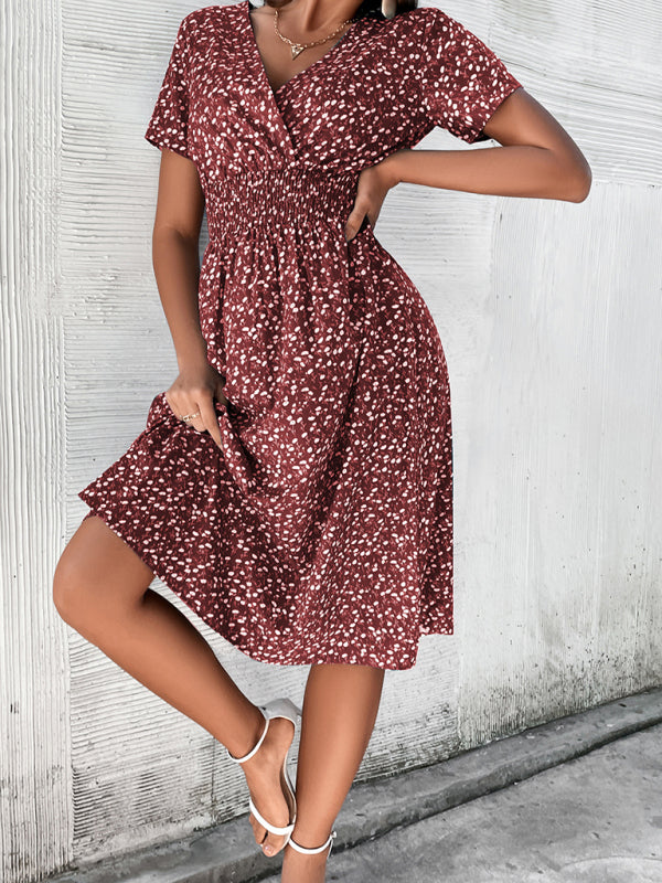 Dress- Floral Print Summer Surplice V-Neck Dress with Smocked Waist- Red- Pekosa Women Clothing