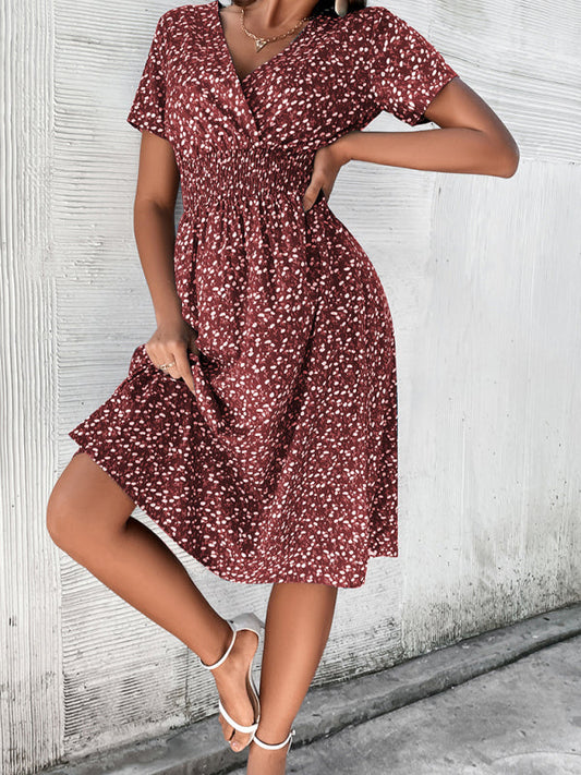 Dress- Floral Print Summer Surplice V-Neck Dress with Smocked Waist- Red- Pekosa Women Clothing