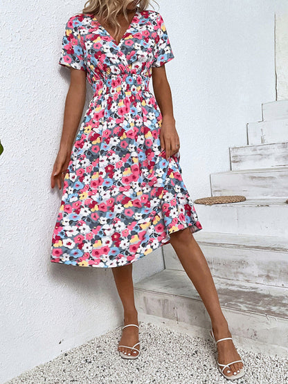 Dress- Floral Print Summer Surplice V-Neck Dress with Smocked Waist- Blue- Pekosa Women Clothing