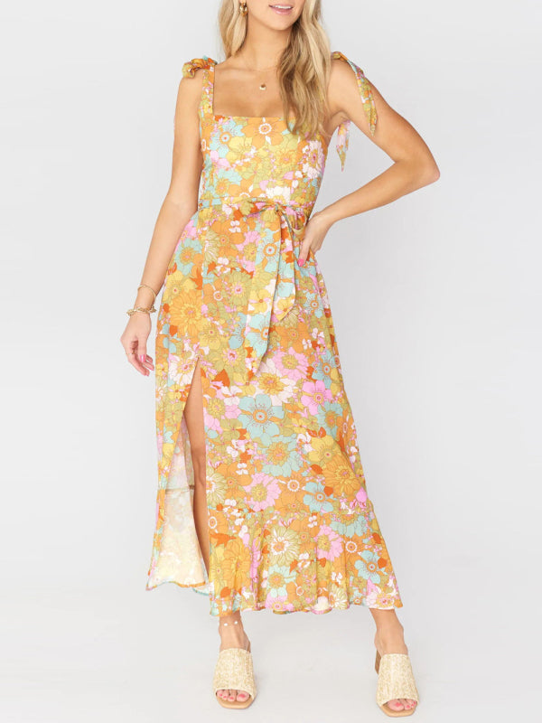 Dress- Floral Summer Cami Slit Midi Dress- Yellow- Pekosa Women Clothing