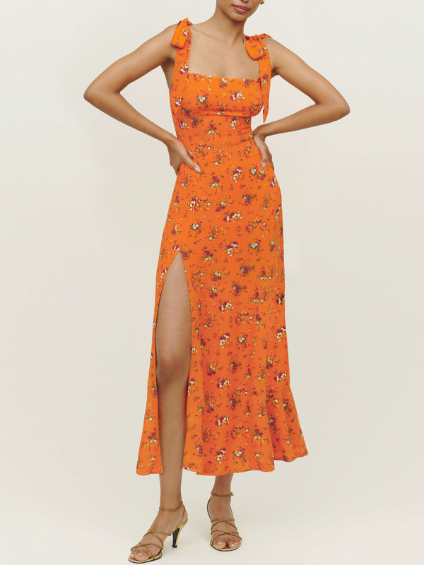 Dress- Floral Summer Cami Slit Midi Dress- Orange- Pekosa Women Clothing
