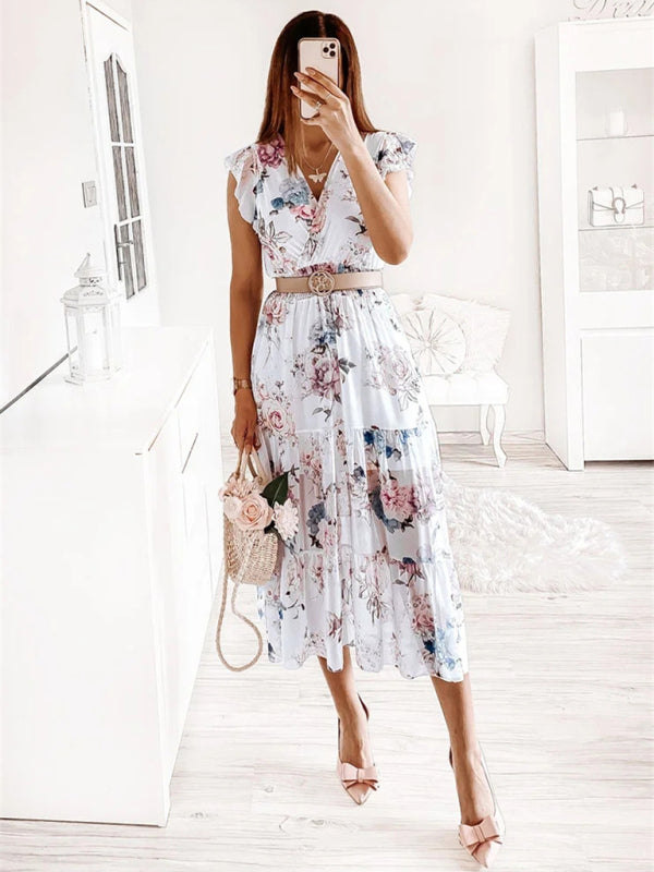 Dress- Floral Surplice V-Neck Smocked Waist Midi Dress Without belt- - Pekosa Women Clothing