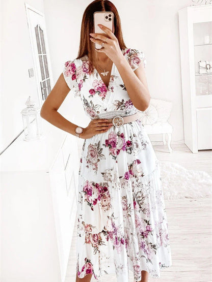 Dress- Floral Surplice V-Neck Smocked Waist Midi Dress Without belt- - Pekosa Women Clothing