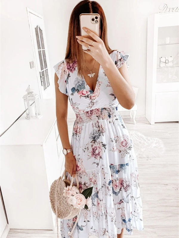 Dress- Floral Surplice V-Neck Smocked Waist Midi Dress Without belt- - Pekosa Women Clothing