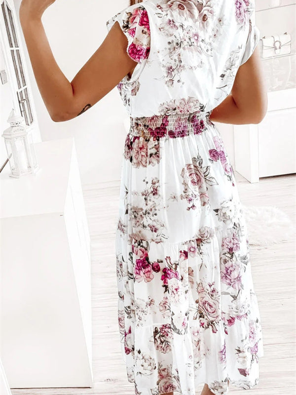 Dress- Floral Surplice V-Neck Smocked Waist Midi Dress Without belt- - Pekosa Women Clothing