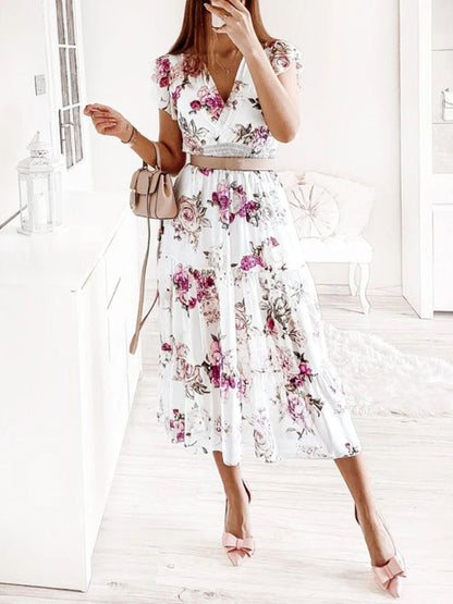 Dress- Floral Surplice V-Neck Smocked Waist Midi Dress Without belt- Purple- Pekosa Women Clothing