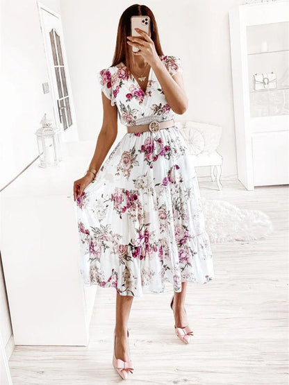 Dress- Floral Surplice V-Neck Smocked Waist Midi Dress Without belt- - Pekosa Women Clothing