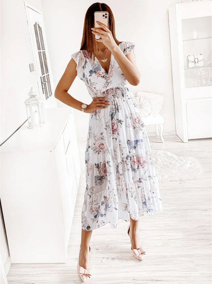 Dress- Floral Surplice V-Neck Smocked Waist Midi Dress Without belt- White- Pekosa Women Clothing