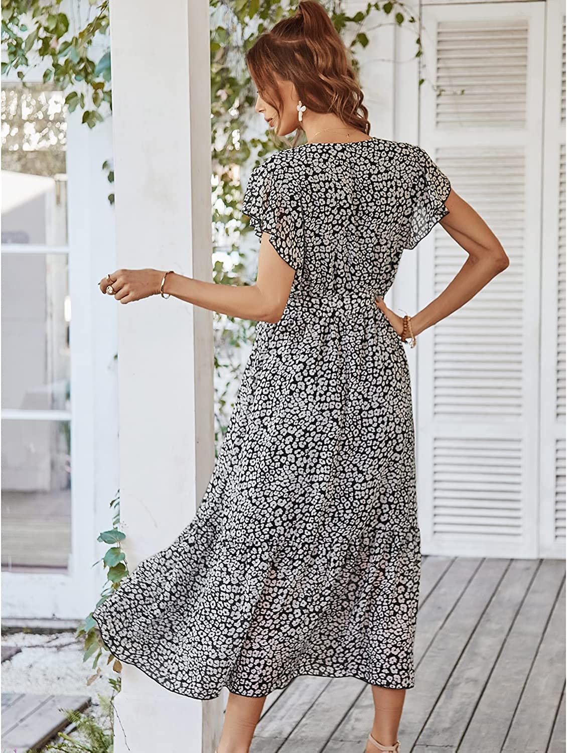 Dress- Floral Tiered Ruffe Surplice V-Neck Maxi Dress- - Pekosa Women Clothing