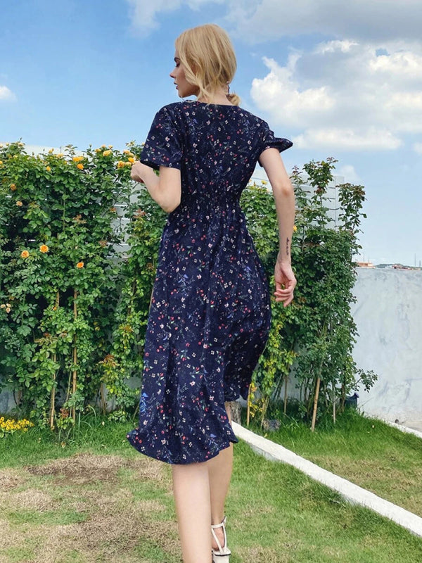 Dress- Garden Floral Smocked Waist A-Line Short Sleeve Midi Dress- - Pekosa Women Clothing