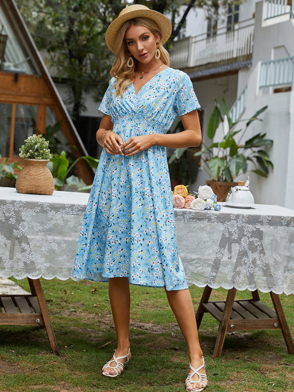 Dress- Garden Floral Smocked Waist A-Line Short Sleeve Midi Dress- - Pekosa Women Clothing