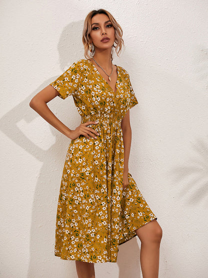 Dress- Garden Floral Smocked Waist A-Line Short Sleeve Midi Dress- Yellow- Pekosa Women Clothing