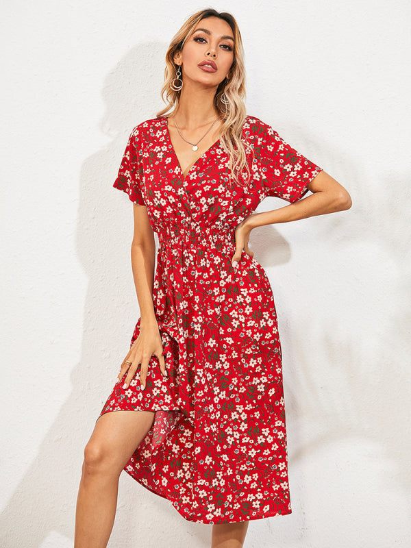 Dress- Garden Floral Smocked Waist A-Line Short Sleeve Midi Dress- - Pekosa Women Clothing