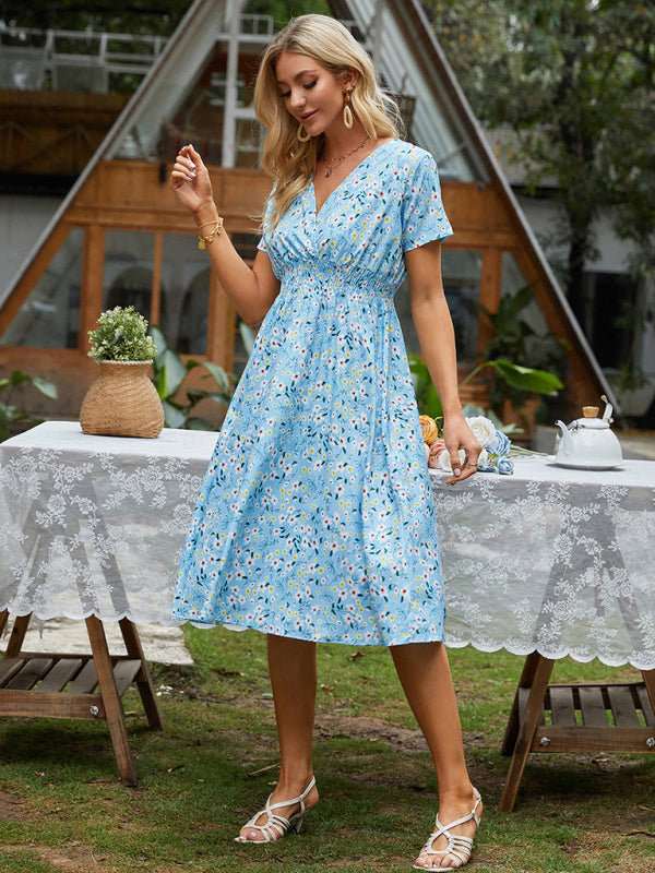 Dress- Garden Floral Smocked Waist A-Line Short Sleeve Midi Dress- - Pekosa Women Clothing