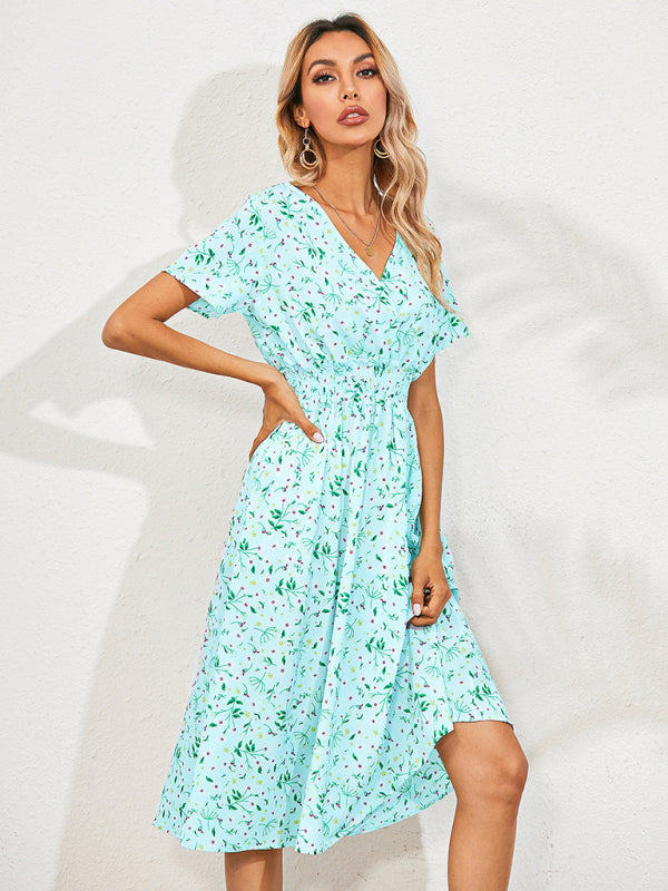 Dress- Garden Floral Smocked Waist A-Line Short Sleeve Midi Dress- - Pekosa Women Clothing